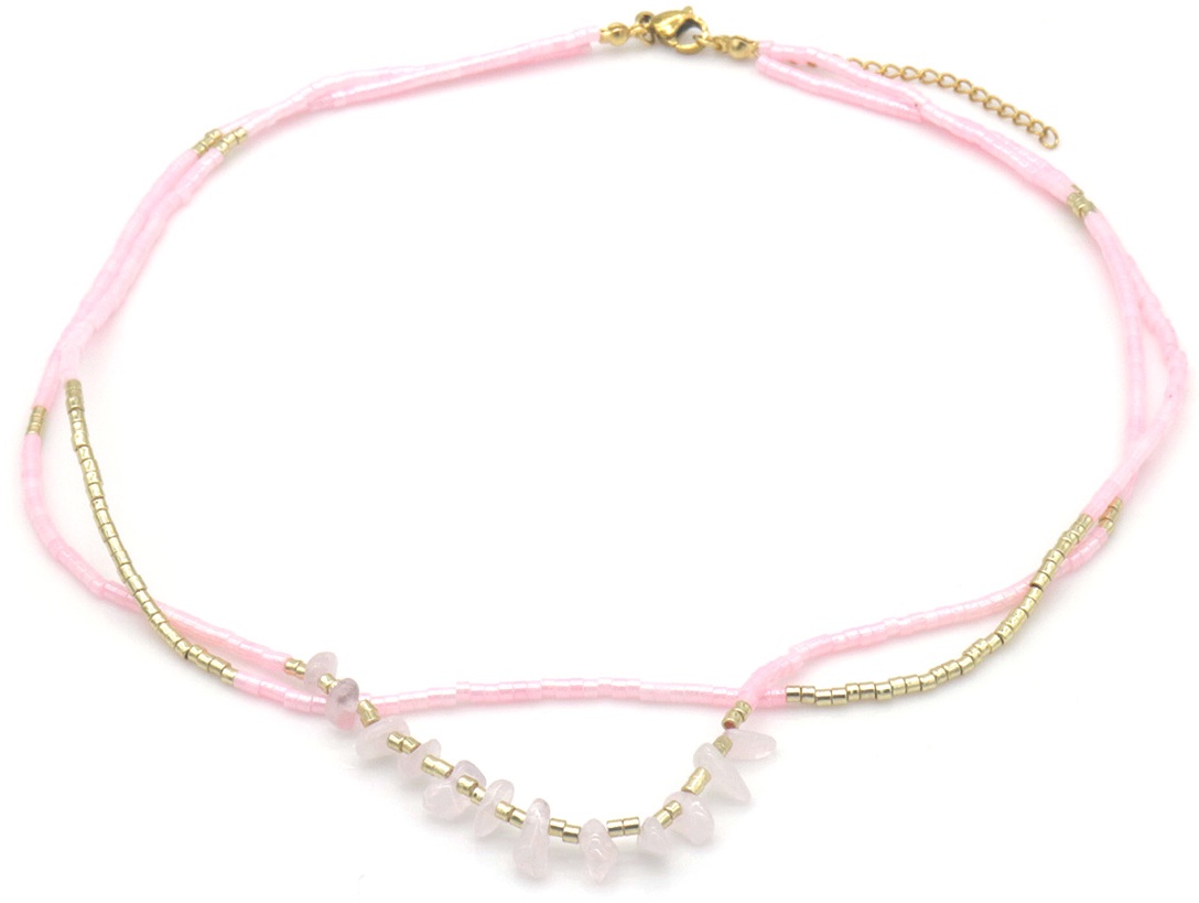 B-F9.2 N1034-007-3  Fashion Necklace Layered Glassbeads 40-45cm Pink