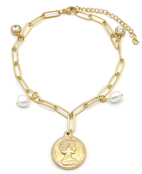 E-E20.4 ANK040-007G S. Steel Anklet Crystal-Pearl-Coin