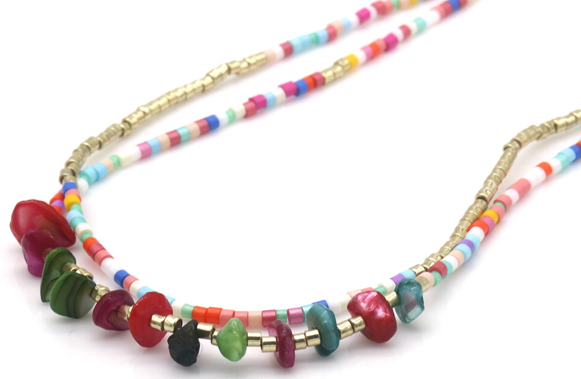 B-D2.3 N1034-007-1  Fashion Necklace Layered Glassbeads 40-45cm Multi