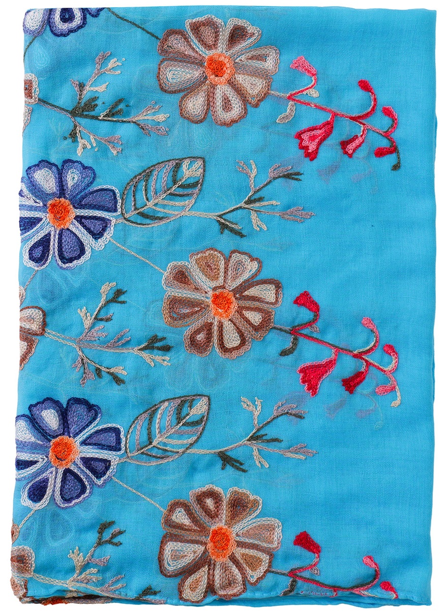 X-P6.2  SCARF1110-005-9 Scarf Embroidered Flowers 180x70cm - Blue