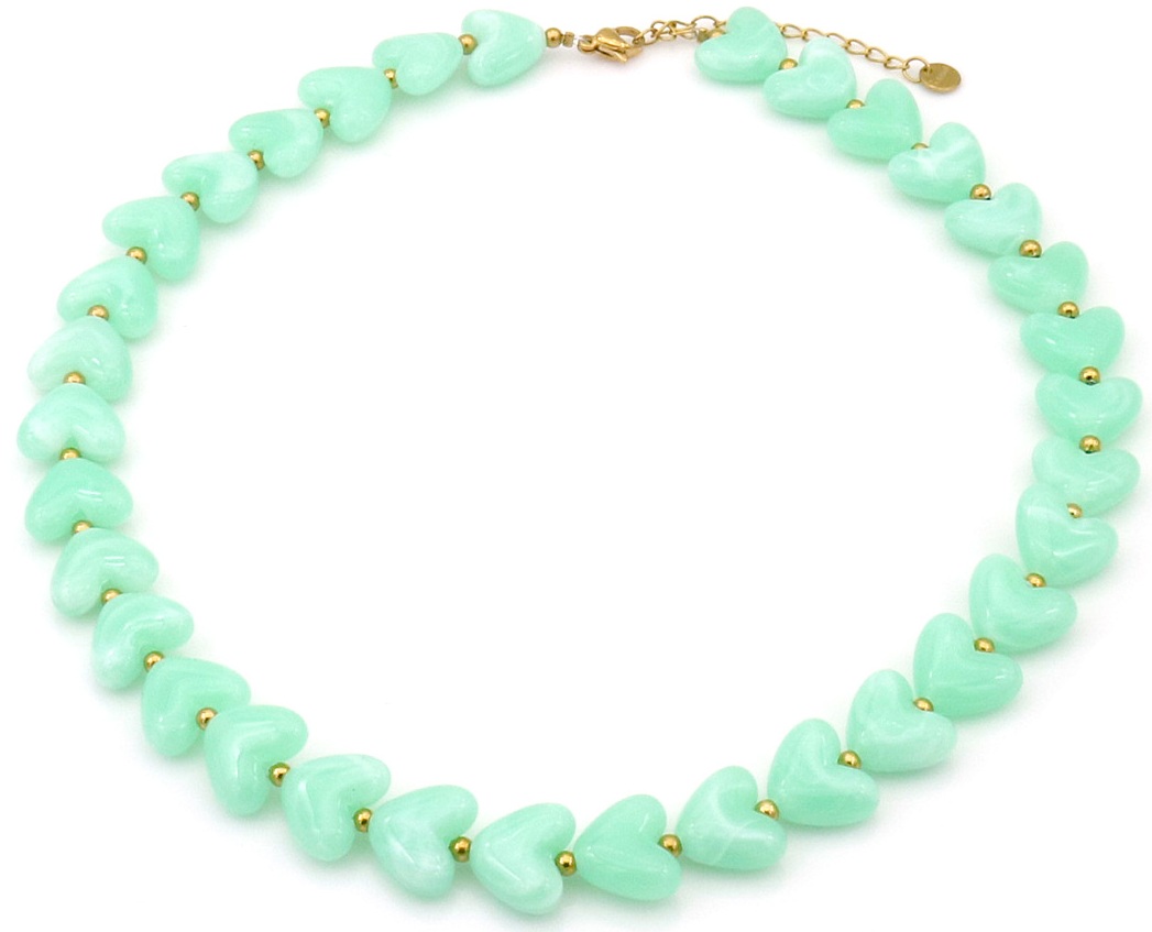 G-B9.1 N1144-009-6 S. Steel Necklace Hearts 40-45cm Green