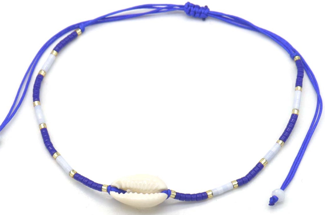 E-C5.3 ANK830-007-9 Anklet Glassbeads Shell Blue