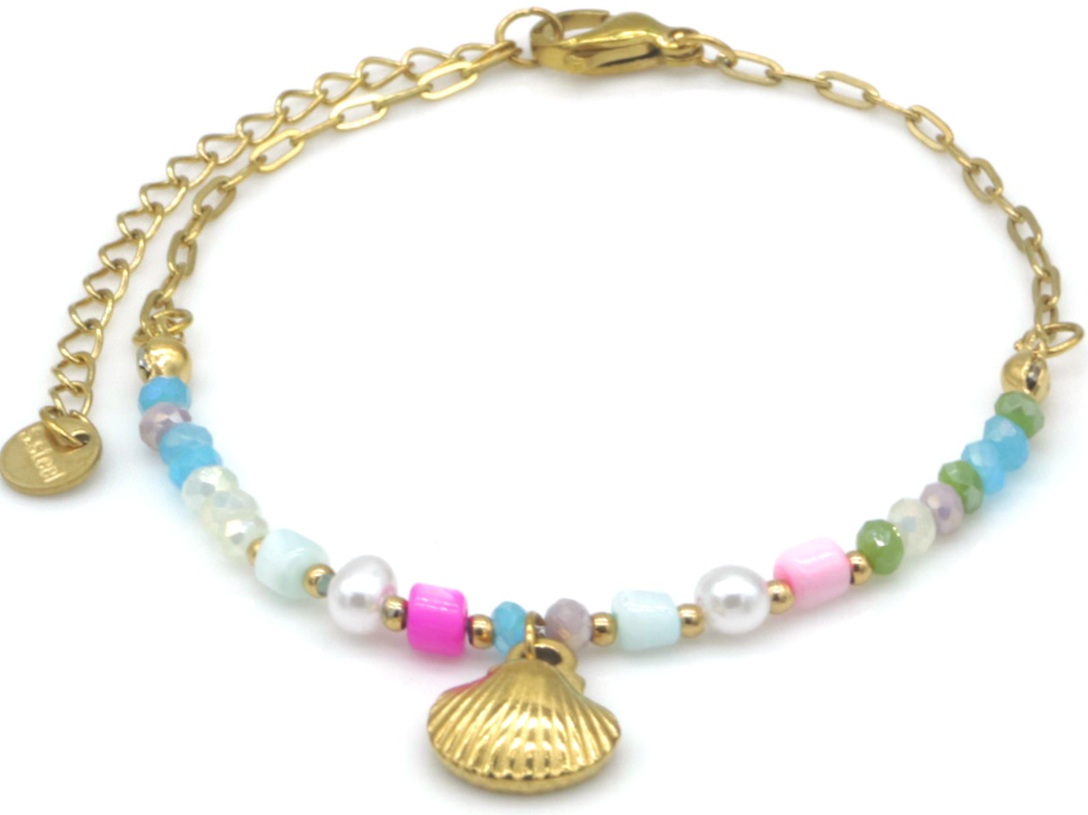 B-F6.4 B2539-034-6 S. Steel Bracelet Glassbeads Shell 16-21cm