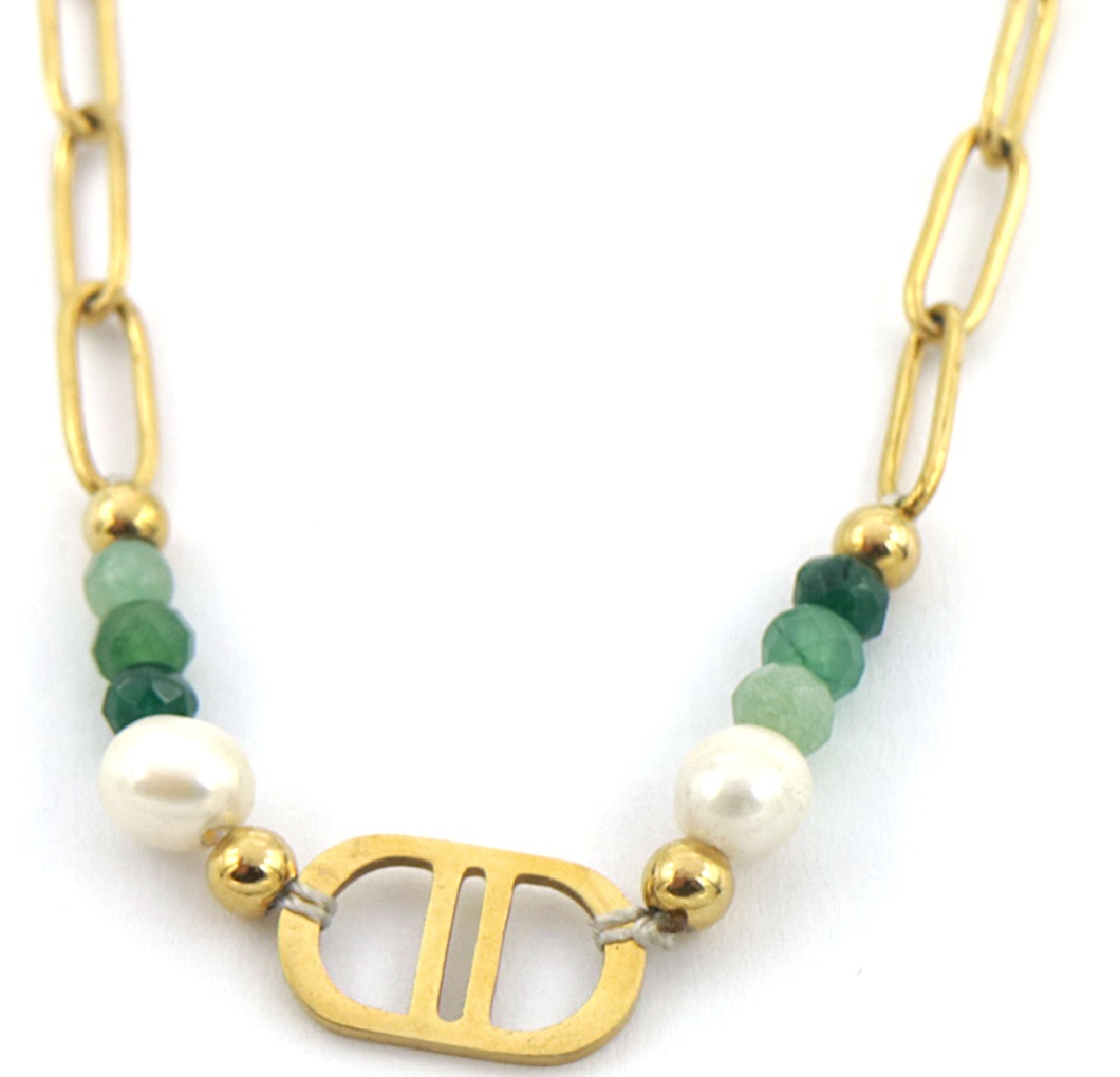 B-D14.2 N221-307 S. Steel Necklace Freshwater Pearl Green 40-45cm
