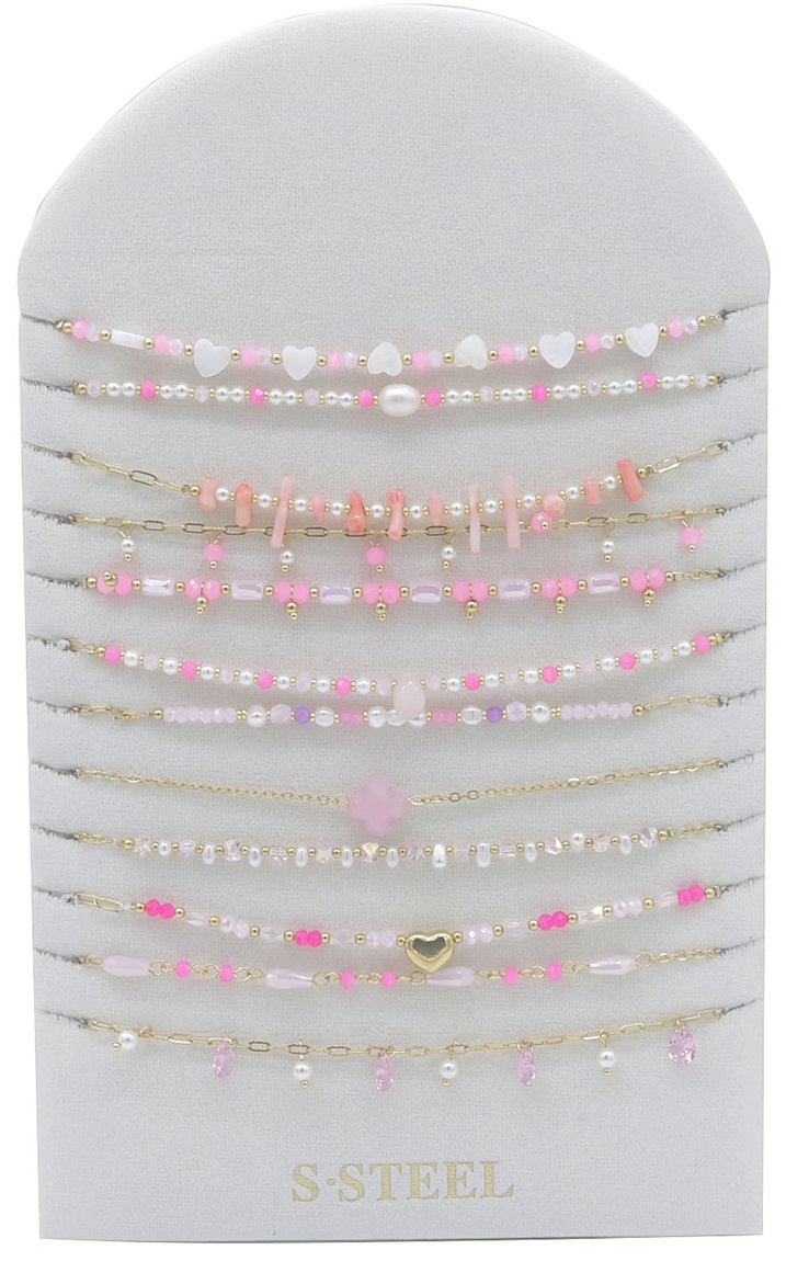 S-C2.1 N221-401-4 S. Steel Necklace Set on Display - 12pcs Pink