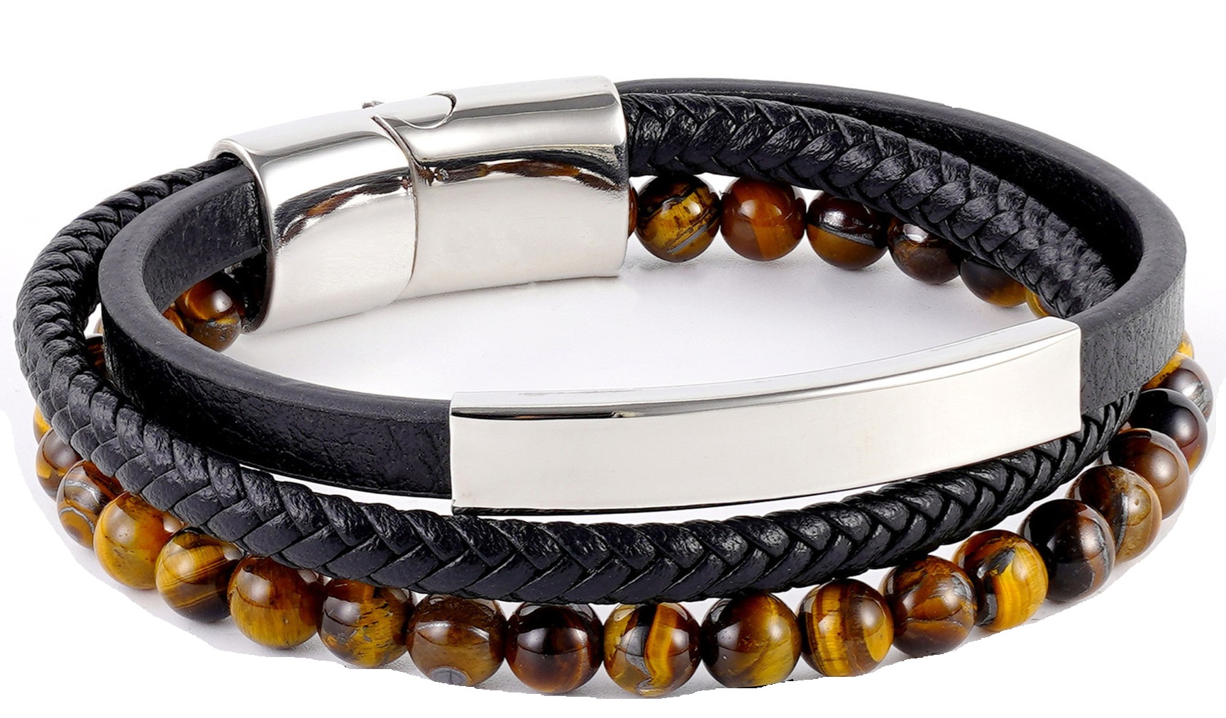 E-C2.1  B824-039 S. Steel with Leather and Stones Bracelet 21cm 