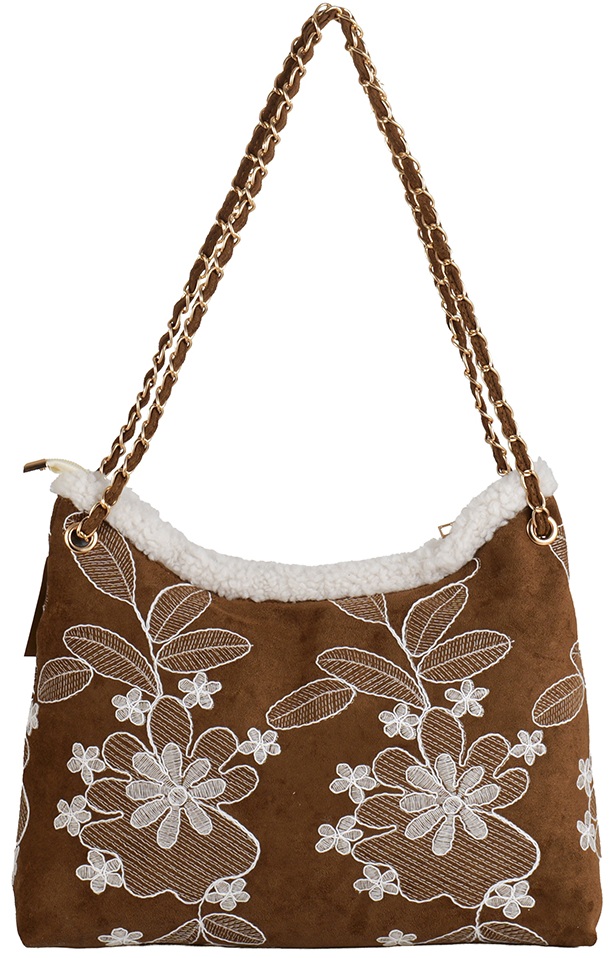 R-L8.2 BAG1021-024-1 PU Bag Embroidered Flowers 40x28x13cm Brown