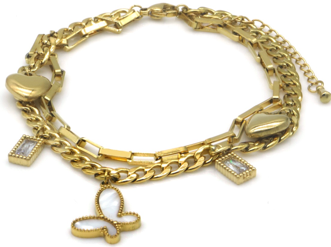 B-D16.2 ANK1033-004G S. Steel Anklet Layered Charms