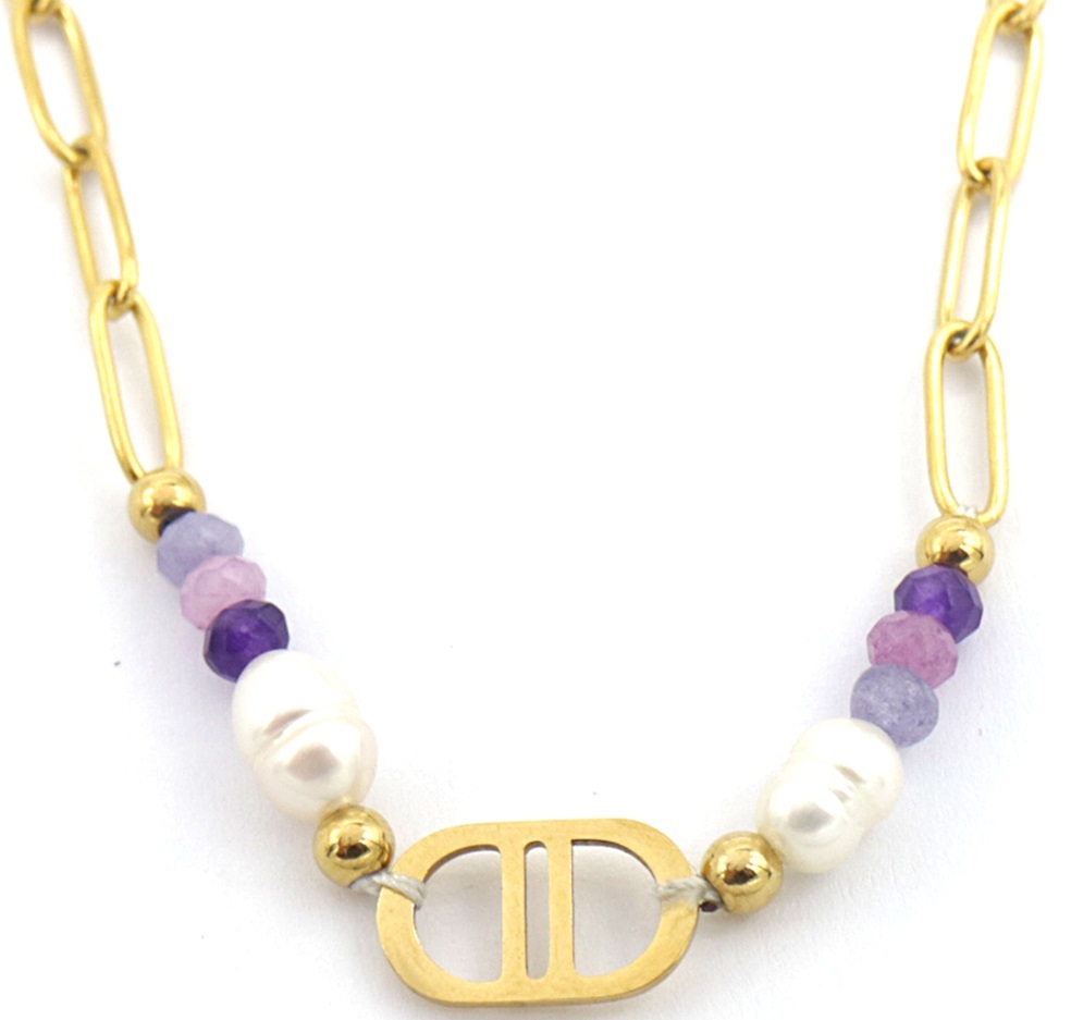 G-A16.3 N221-307 S. Steel Necklace Freshwater Pearl Purple 40-45cm