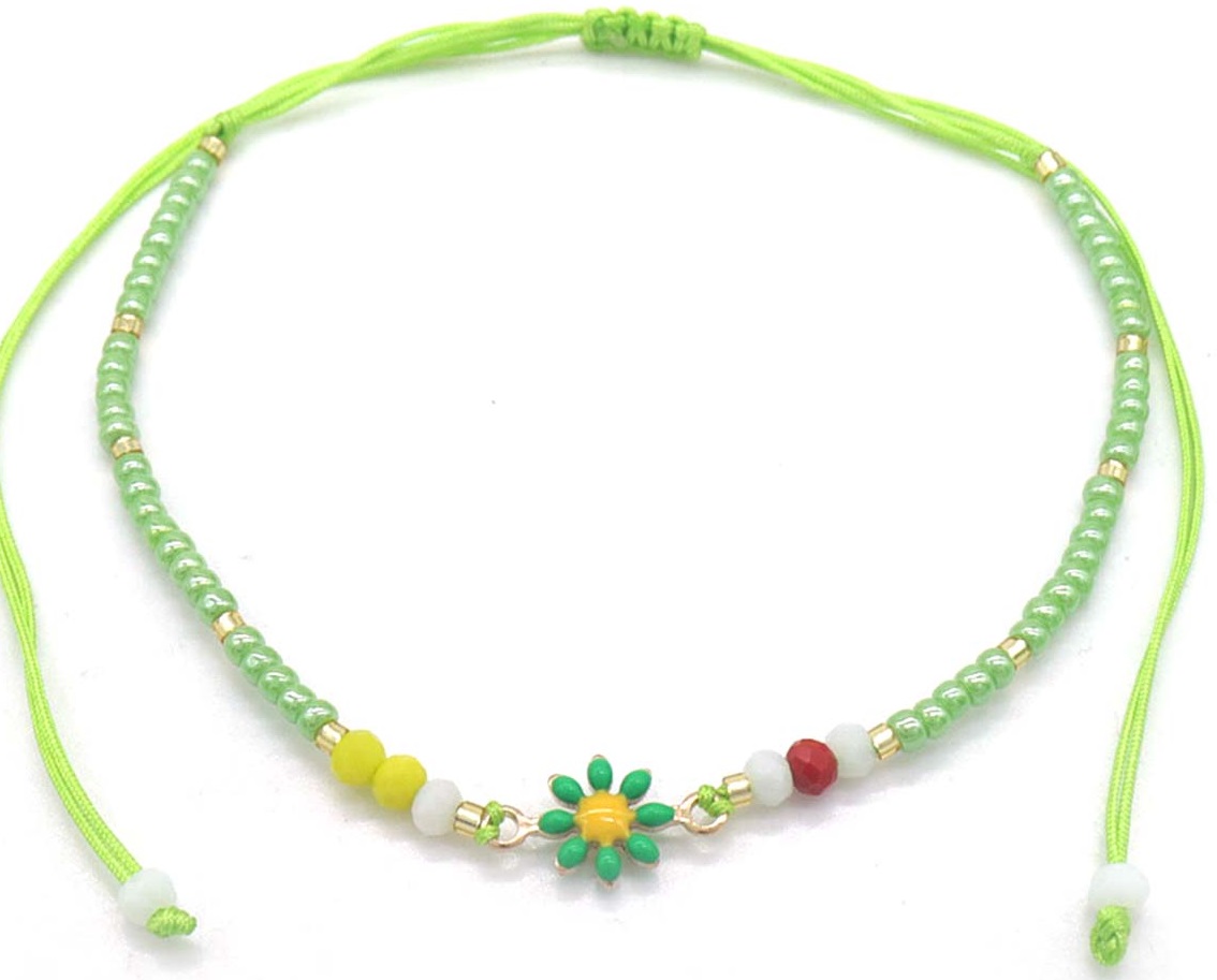 C-A17.4  ANK830-008-6 Anklet Glassbeads Flower Green