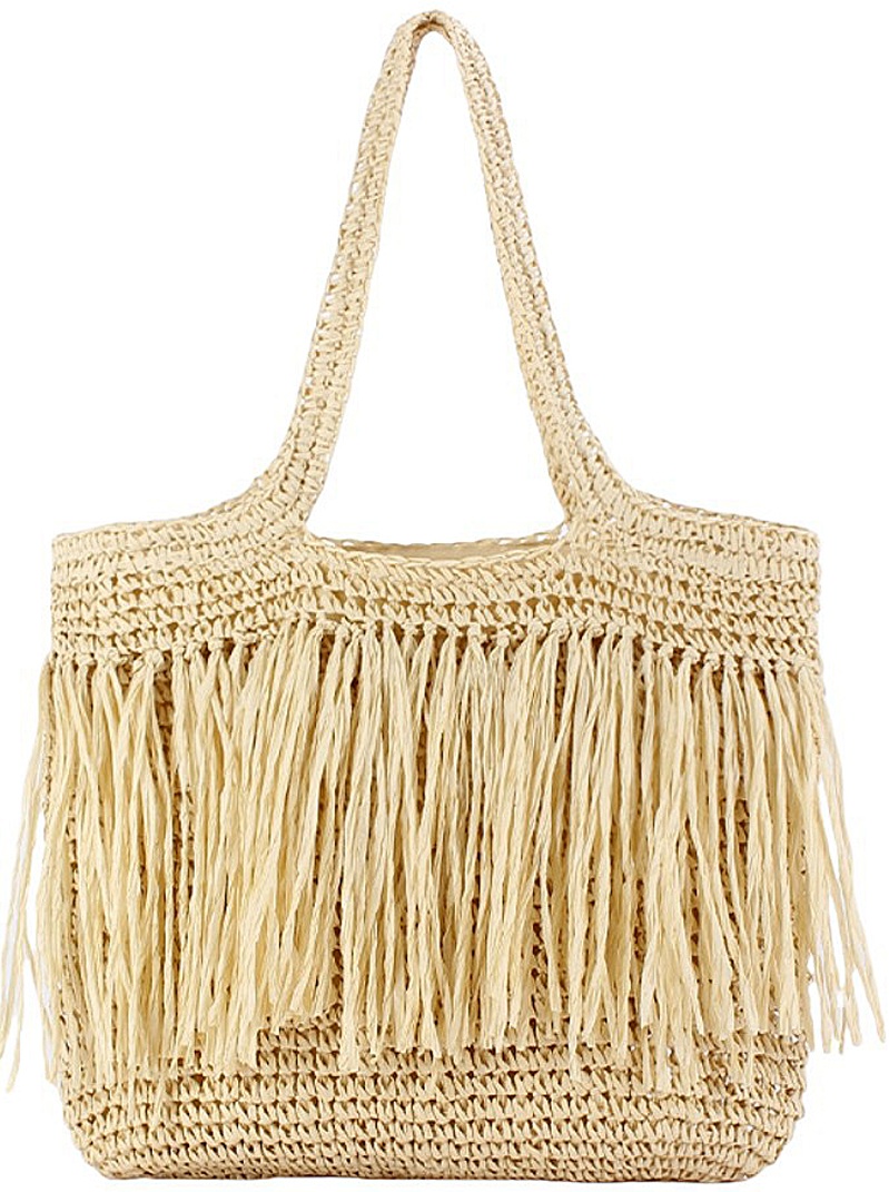 Y-F6.1  BAG2597-007-2 Woven Bag Tassels 43x39cm Beige