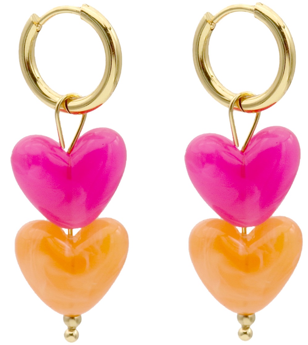D-B18.4 E1144-001-3 S. Steel Earrings 4cm Hearts Pink-Orange