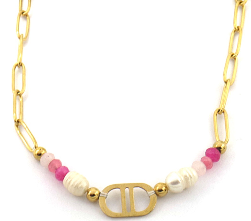 B-F16.1 N221-307 S. Steel Necklace Freshwater Pearl Pink 40-45cm